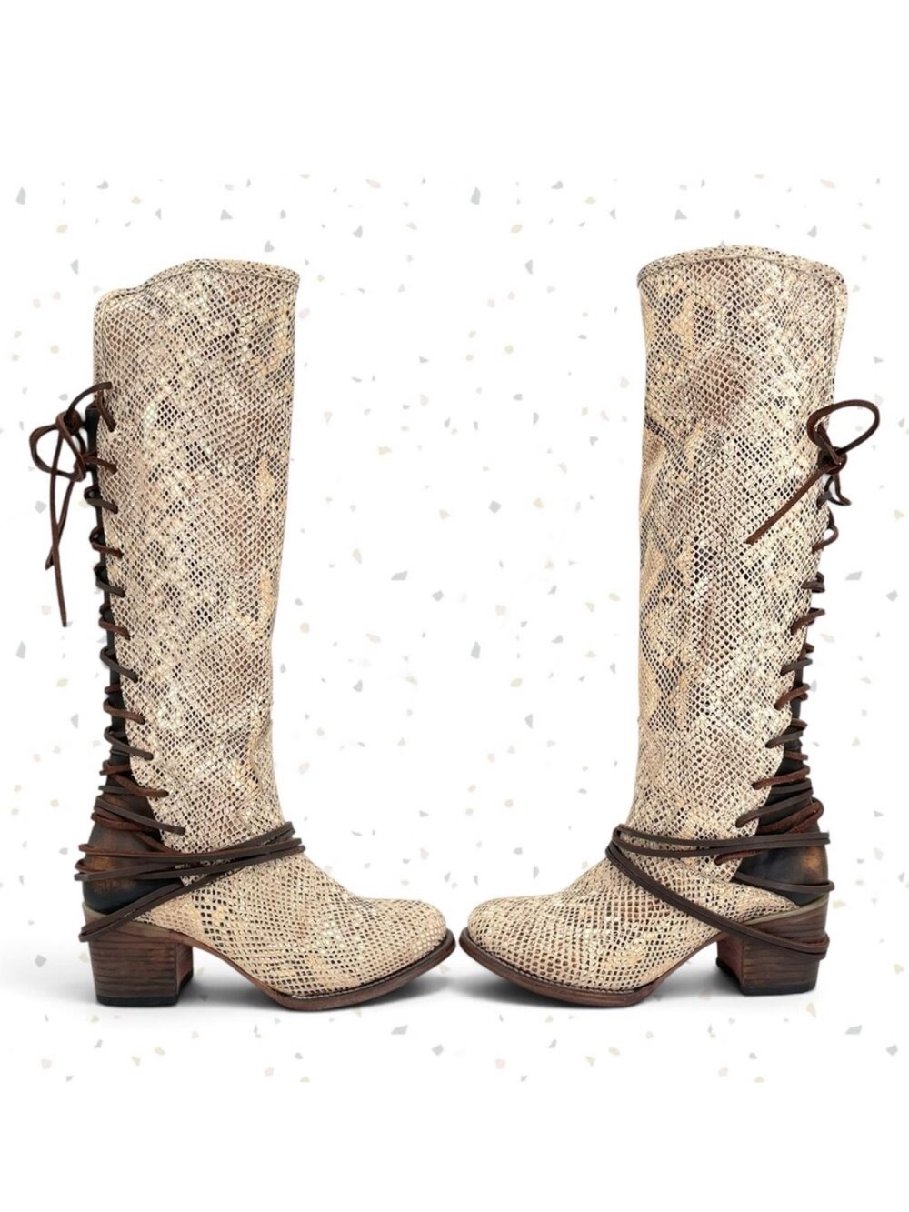 Freebird by Steven Coal White Snake Leather Lace Up Corset Heel Fall Boot Size 9
